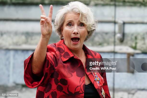Dame Emma Thompson arrives at Westminster Abbey ahead of the Coronation of King Charles III and Queen Camilla on May 6, 2023 in London, England. The...