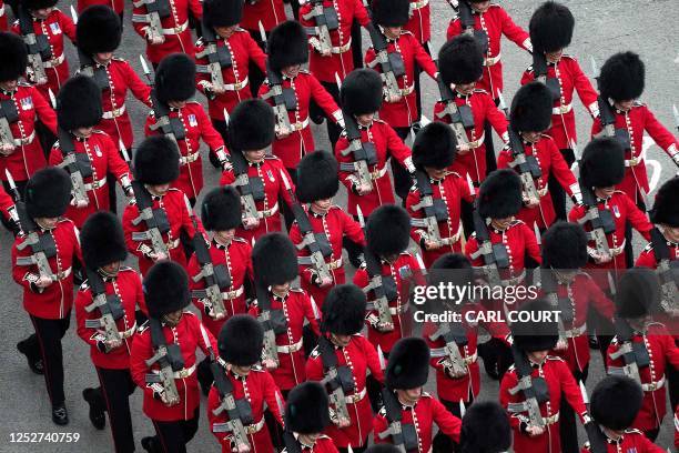 Coldstream Guards march along the route of the 'King's Procession', a two kilometres stretch from Buckingham Palace to Westminster Abbey, in central...