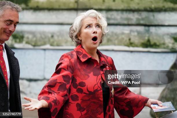 Dame Emma Thompson and husband Greg Wise arrive at Westminster Abbey ahead of the Coronation of King Charles III and Queen Camilla on May 6, 2023 in...