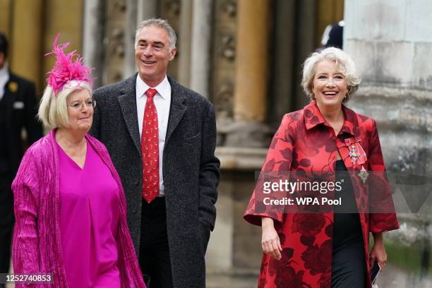 Dame Emma Thompson and husband Greg Wise arrive at Westminster Abbey ahead of the Coronation of King Charles III and Queen Camilla on May 6, 2023 in...