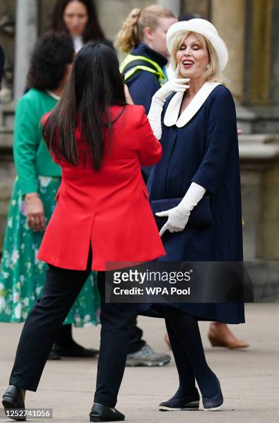 Dame Joanna Lumley poses for a photograph as she arrives at Westminster Abbey ahead of the Coronation of King Charles III and Queen Camilla on May 6,...