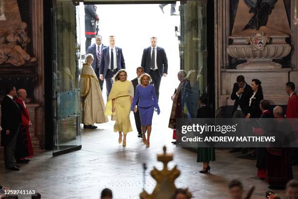 First Lady Jill Biden and her grand daughter Finnegan Biden arrive at Westminster Abbey in central London on May 6 ahead of the coronations of...