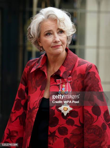 Actress Emma Thompson arrives at Westminster Abbey ahead of the Coronation of King Charles III and Queen Camilla on May 6, 2023 in London, England....
