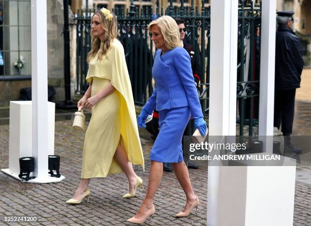 First Lady Jill Biden and her grand daughter Finnegan Biden arrive at Westminster Abbey in central London on May 6 ahead of the coronations of...