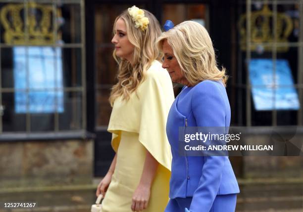 First Lady Jill Biden and her grand daughter Finnegan Biden arrive at Westminster Abbey in central London on May 6 ahead of the coronations of...