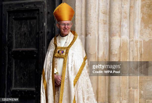 Archbishop of Canterbury Justin Welby waits to receive guests at Westminster Abbey ahead of the Coronation of King Charles III and Queen Camilla on...