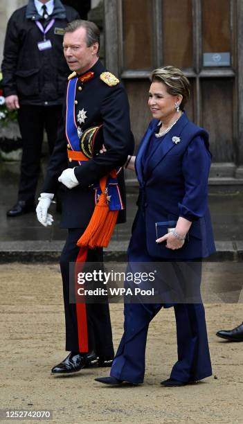 Grand-Duke Henri of Luxembourg and Grand-Duchess Maria Teresa arrive to attend the Coronation of King Charles III and Queen Camilla on May 6, 2023 in...