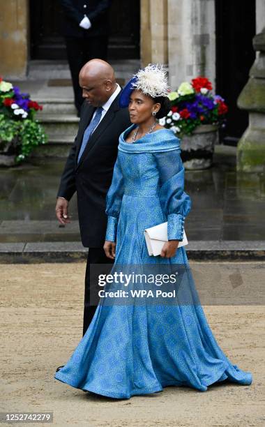 Letsie III, King of Lesotho, and Queen Masenate Mohato Seeiso arrive to attend the Coronation of King Charles III and Queen Camilla on May 6, 2023 in...