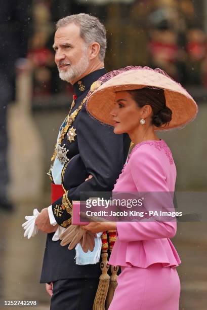 King Felipe VI and Queen Letizia of Spain arriving ahead of the coronation ceremony of King Charles III and Queen Camilla at Westminster Abbey,...