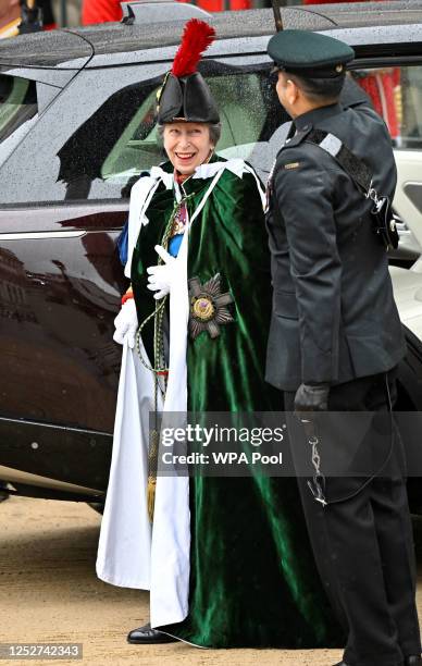 Princess Anne, Princess Royal arrives to attend the Coronation of King Charles III and Queen Camilla on May 6, 2023 in London, England. The...