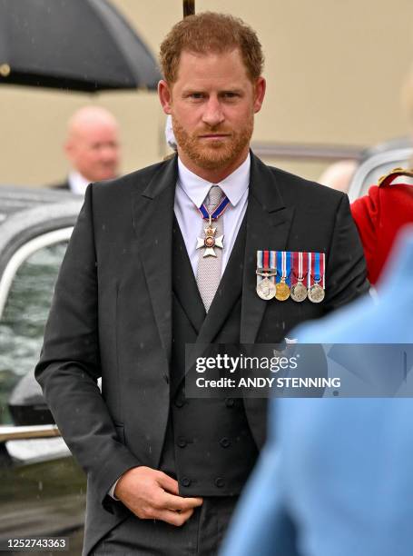 Britain's Prince Harry, Duke of Sussex arrives at Westminster Abbey in central London on May 6 ahead of the coronations of Britain's King Charles III...