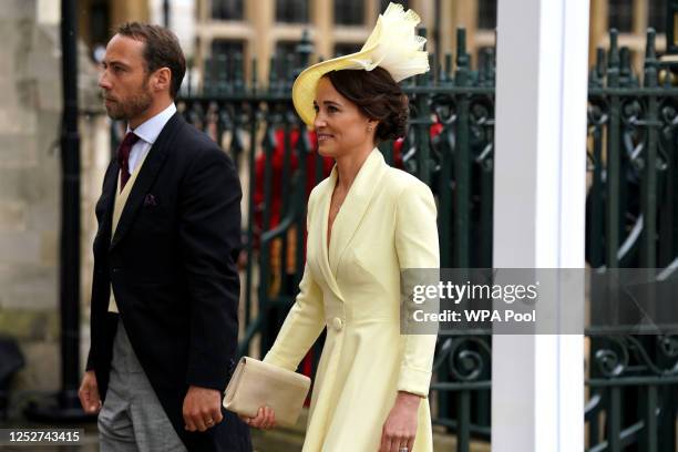 Pippa and James Middleton, siblings of Catherine, Princess of Wales arrive at the Coronation of King Charles III and Queen Camilla on May 6, 2023 in...