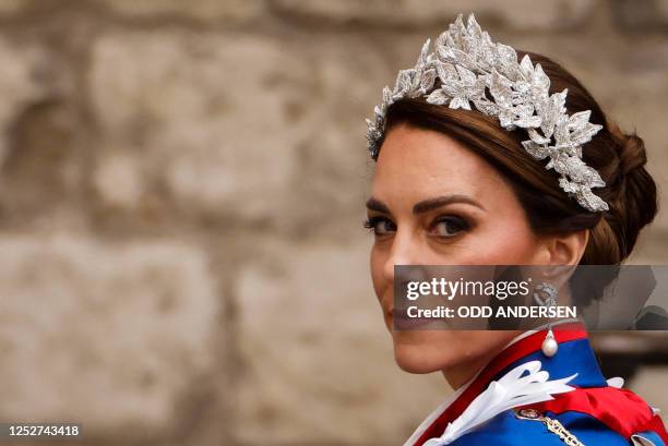 Britain's Catherine, Princess of Wales arrives at Westminster Abbey in central London on May 6 ahead of the coronations of Britain's King Charles III...