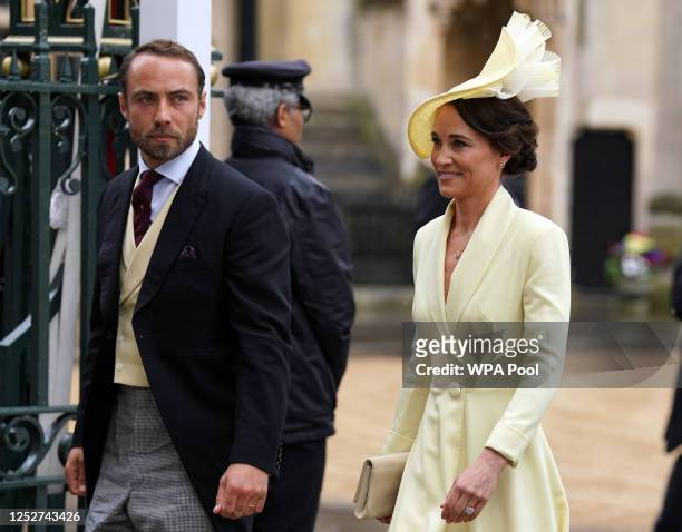 Pippa and James Middleton, siblings of Catherine, Princess of Wales arrive at the Coronation of King Charles III and Queen Camilla on May 6, 2023 in...