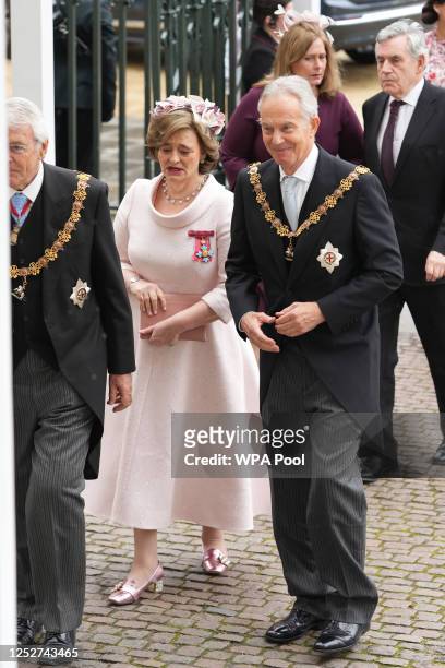 Former British Prime Ministers John Major, Tony Blair and Gordon Brown arrive with Cherie Blair and Sarah Brown ahead of the Coronation of King...