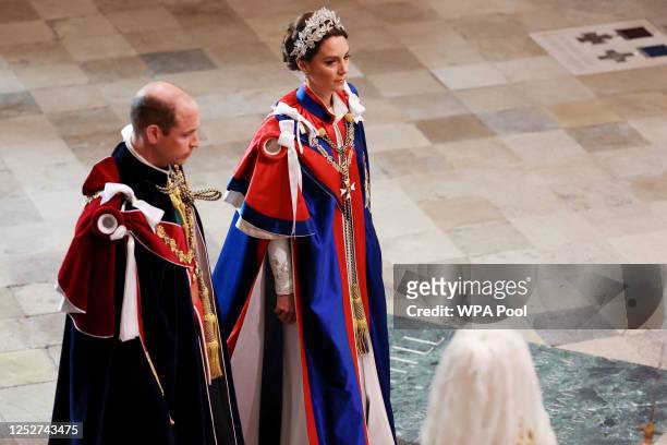 Prince William, Prince of Wales and Catherine, Princess of Wales arrive for the Coronation of King Charles III and Queen Camilla on May 6, 2023 in...