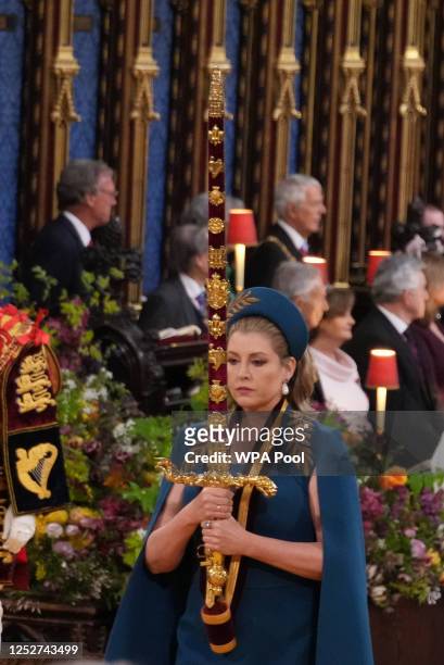 Lord President of the Council, Penny Mordaunt, carrying the Sword of State, in the procession on May 6, 2023 in London, England. The Coronation of...