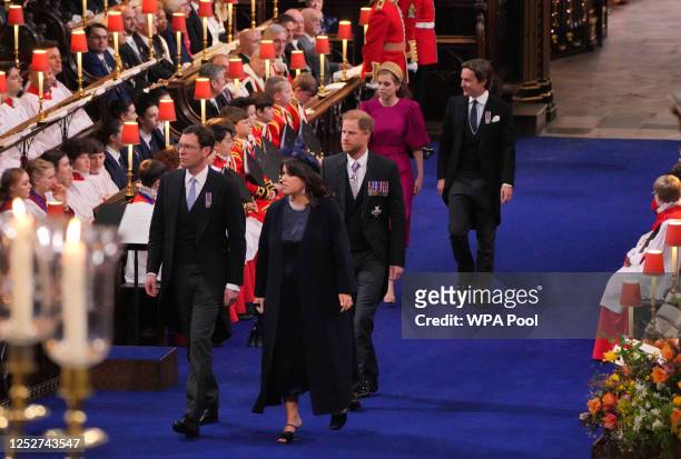 Princess Eugenie and Jack Brooksbank , Harry, Duke of Sussex and Princess Beatrice and Edoardo Mapelli Mozzi arrive to attend the Coronation of King...