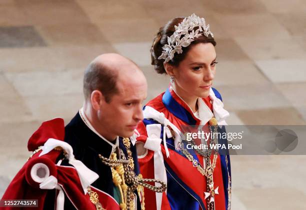 Prince William, Prince of Wales and Catherine, Princess of Wales arrive for the Coronation of King Charles III and Queen Camilla on May 6, 2023 in...