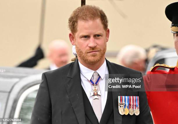 Prince Harry, Duke of Sussex arrives for the Coronation of King Charles III and Queen Camilla at Westminster Abbey on May 6, 2023 in London, England....