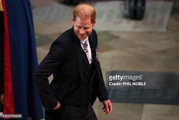 Britain's Prince Harry, Duke of Sussex, arrives at Westminster Abbey in central London on May 6 ahead of the coronations of Britain's King Charles...