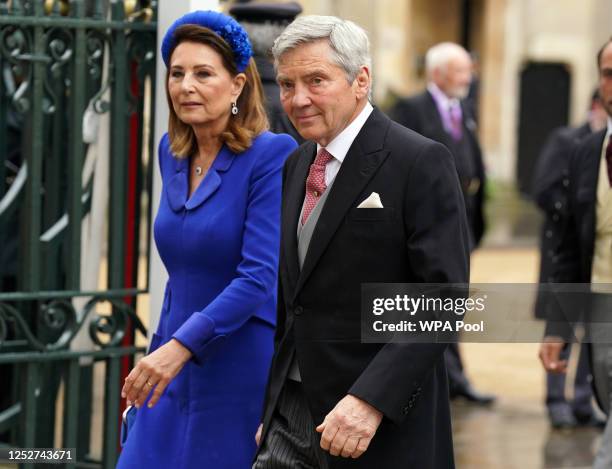 Michael Middleton and Carole Middleton, Catherine, Princess of Wales's parents arrive at the Coronation of King Charles III and Queen Camilla on May...