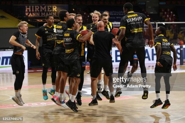 Players of Ludwigsburg warm up for the EasyCredit Basketball Bundesliga final first leg match between Alba Berlin and MHP Riesen Ludwigsburg at Audi...