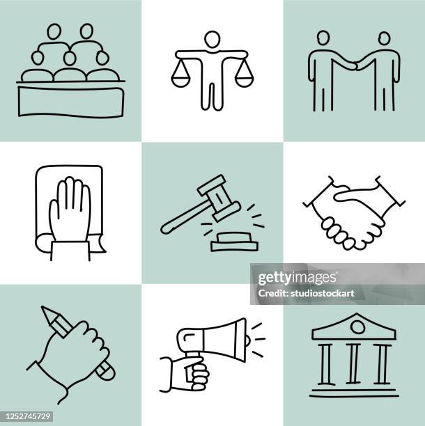 ilustraciones, imágenes clip art, dibujos animados e iconos de stock de conjunto de iconos de línea de ley y justicia - juez del tribunal supremo