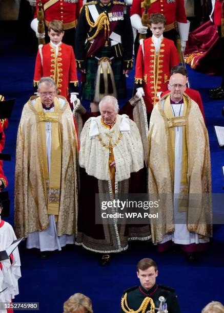 King Charles III arrives for his coronation at Westminster Abbey, on May 6, 2023 in London, England. The Coronation of Charles III and his wife,...