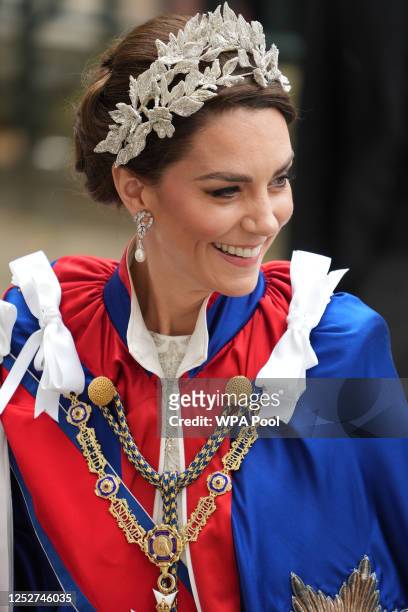 Catherine, Princess of Wales arrives ahead of the Coronation of King Charles III and Queen Camilla on May 6, 2023 in London, England. The Coronation...