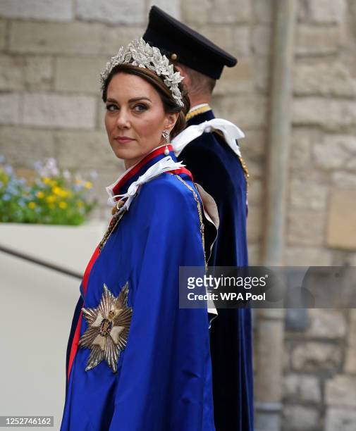 Catherine, Princess of Wales and Prince William, Prince of Wales arrive at the Coronation of King Charles III and Queen Camilla on May 6, 2023 in...