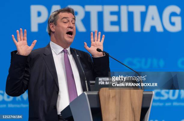 Bavaria's State Premier and leader of the conservative Christian Social Union party Markus Soeder gives a speech during his party's congress in...