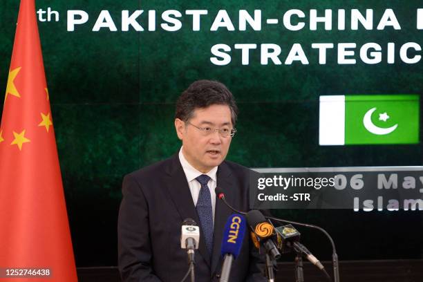 Chinese Foreign Minister Qin Gang addresses a joint press conference along with his Pakistani counterpart Bilawal Bhutto Zardari at the foreign...