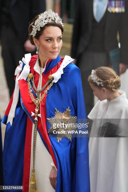 Catherine, Princess of Wales arrives ahead of the Coronation of King Charles III and Queen Camilla on May 6, 2023 in London, England. The Coronation...