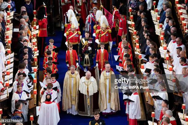 King Charles III arrives for his Coronation at Westminster Abbey on May 6, 2023 in London, England. The Coronation of Charles III and his wife,...