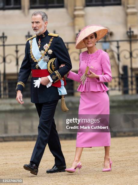King Felipe of Spain and Queen Letizia of Spain at Westminster Abbey during the Coronation of King Charles III and Queen Camilla on May 6, 2023 in...