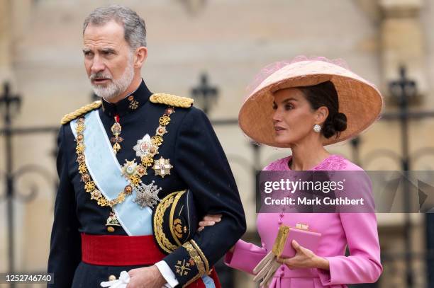 King Felipe of Spain and Queen Letizia of Spain at Westminster Abbey during the Coronation of King Charles III and Queen Camilla on May 6, 2023 in...