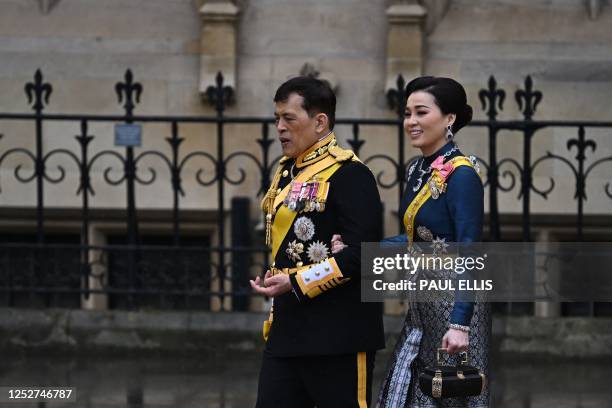 Thailand's King Maha Vajiralongkorn and Thailand's Queen Suthida arrive at Westminster Abbey in central London on May 6 ahead of the coronations of...