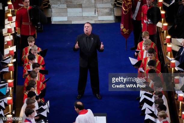 Bass baritone Sir Bryn Terfel sings during the Coronation of King Charles III and Queen Camilla at Westminster Abbey on May 6, 2023 in London,...