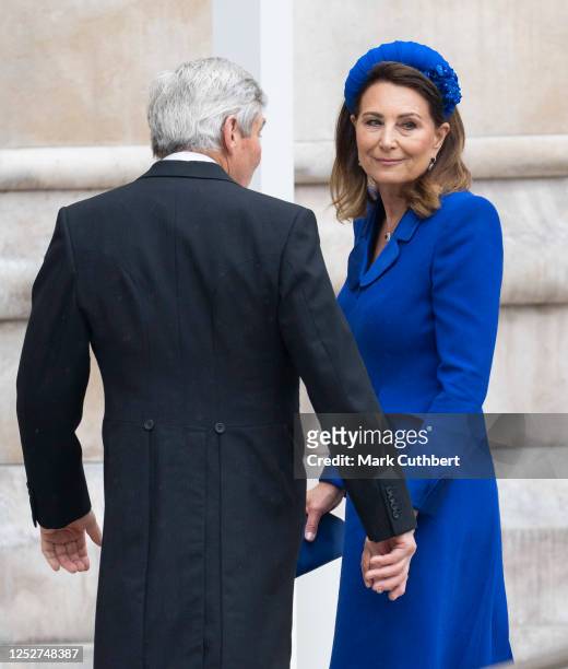 Carole Middleton and Michael Middleton arrive at Westminster Abbey for the Coronation of King Charles III and Queen Camilla on May 6, 2023 in London,...