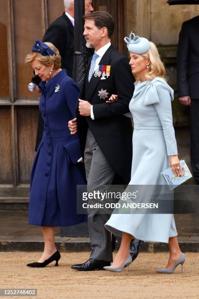 Queen Anne-Marie , Pavlos , Crown Prince of Greece and Marie-Chantal , Crown Princess of Greece arrive at Westminster Abbey in central London on May...