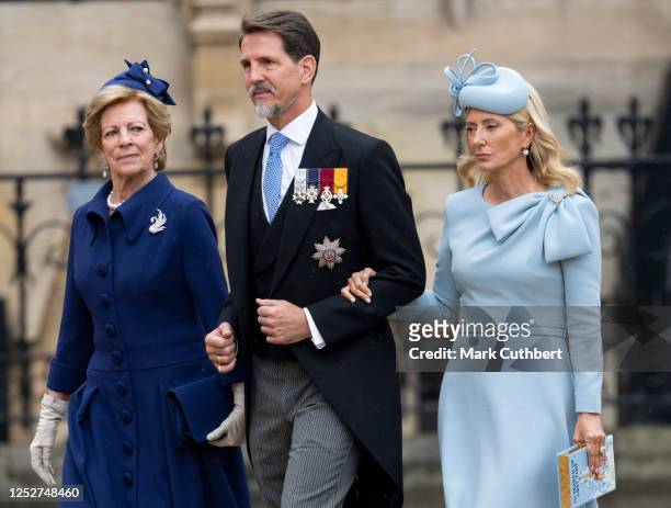 Queen Anne Marie of Greece with Crown Prince Pavlos of Greece and Crown Princess Marie Chantal of Greece arrive at Westminster Abbey for the...