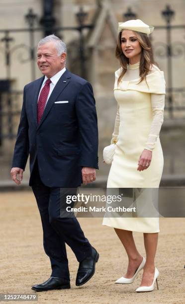 King Abdullah II of Jordan and Queen Rania of Jordan arrive at Westminster Abbey for the Coronation of King Charles III and Queen Camilla on May 6,...