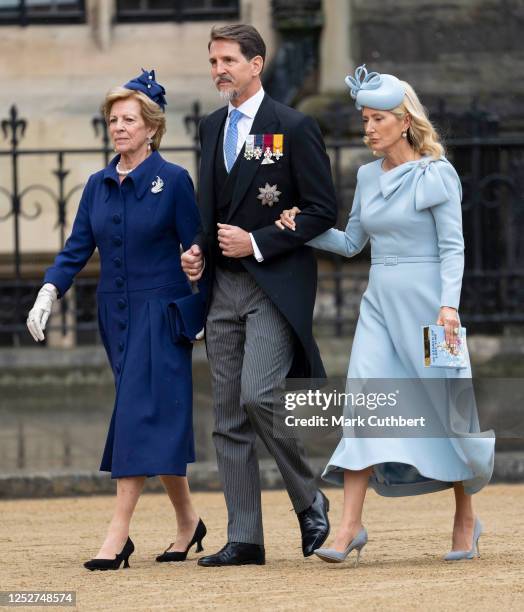 Queen Anne Marie of Greece with Crown Prince Pavlos of Greece and Crown Princess Marie Chantal of Greece arrive at Westminster Abbey for the...