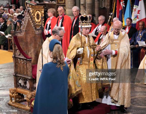 King Charles III is crowned with St Edward's Crown by The Archbishop of Canterbury the Most Reverend Justin Welby during his coronation ceremony in...