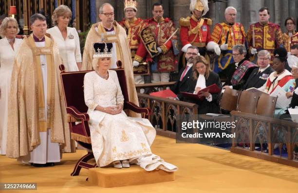 Queen Camilla is crowned with Queen Mary's Crown during her coronation ceremony at Westminster Abbey on May 6, 2023 in London, England. The...