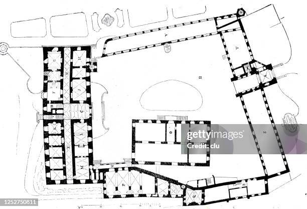 renaissance in germany: castle plan baden, groundfloor - castle staircase stock illustrations