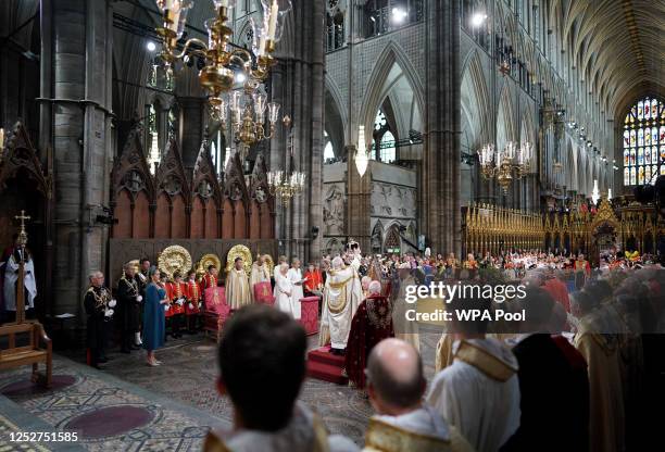 King Charles III is crowned with St Edward's Crown by The Archbishop of Canterbury the Most Reverend Justin Welby during his coronation ceremony in...