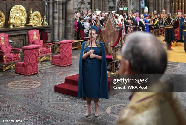 Penny Mourdaunt holds the Sword of State during the coronation ceremony of King Charles III and Queen Camilla on May 6, 2023 in London, England. The...