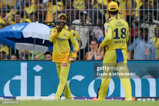 Chennai Super Kings' Ravindra Jadeja celebrate after the dismissal of Mumbai Indians' Tristan Stubbs during the Indian Premier League Twenty20...